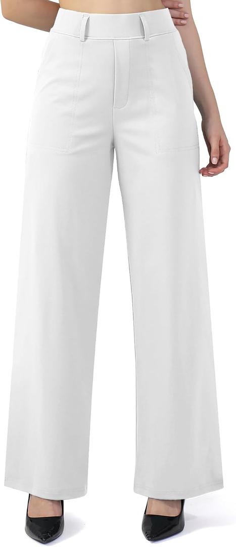 Womens Wide Straight Leg Work Pants Pull On Dress Pants Business Casual Trousers Slacks with Pockets (White, M)