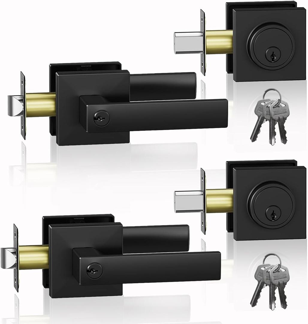 JO.KO 2 Pack Keyed Entry Door Handle and Single Cylinder Deadbolt Door Locks,Matte Black Front Door Handle and Deadbolt Set,Heavy Duty Exterior Door Lever for Office and Home Security, 1 Key 1 Combo