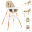 HONEY JOY Baby High Chair, 6-in-1 Convertible Wooden Highchair for Babies and Toddlers/Building Block Table, Toddler Dining Chair w/Safety Harness, Removable Feeding Tray & Seat Cushion (Khaki) 