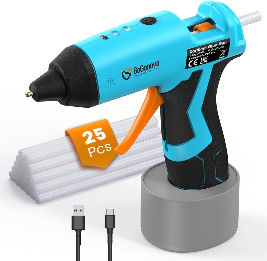 Cordless Hot Glue Gun, GoGonova 15s Fast Preheating 5Ah Built-in Battery Hot Melt Glue Gun, Smart Power-Off, Kit with 25 Pcs Premium Mini Glue Sticks and USB-C Charging Port (Blue)