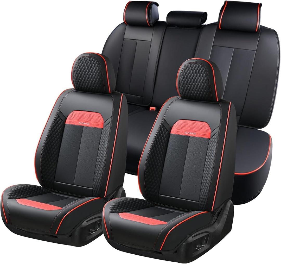 FLORICH Car Seat Cover Full Seats with Waterproof Leather, Car Seat Protectors with Storage Pocket, Airbag Compatible, Universal Seat Cover Fit for SUV, Sedan, Vans, Trucks- Black&Red Line