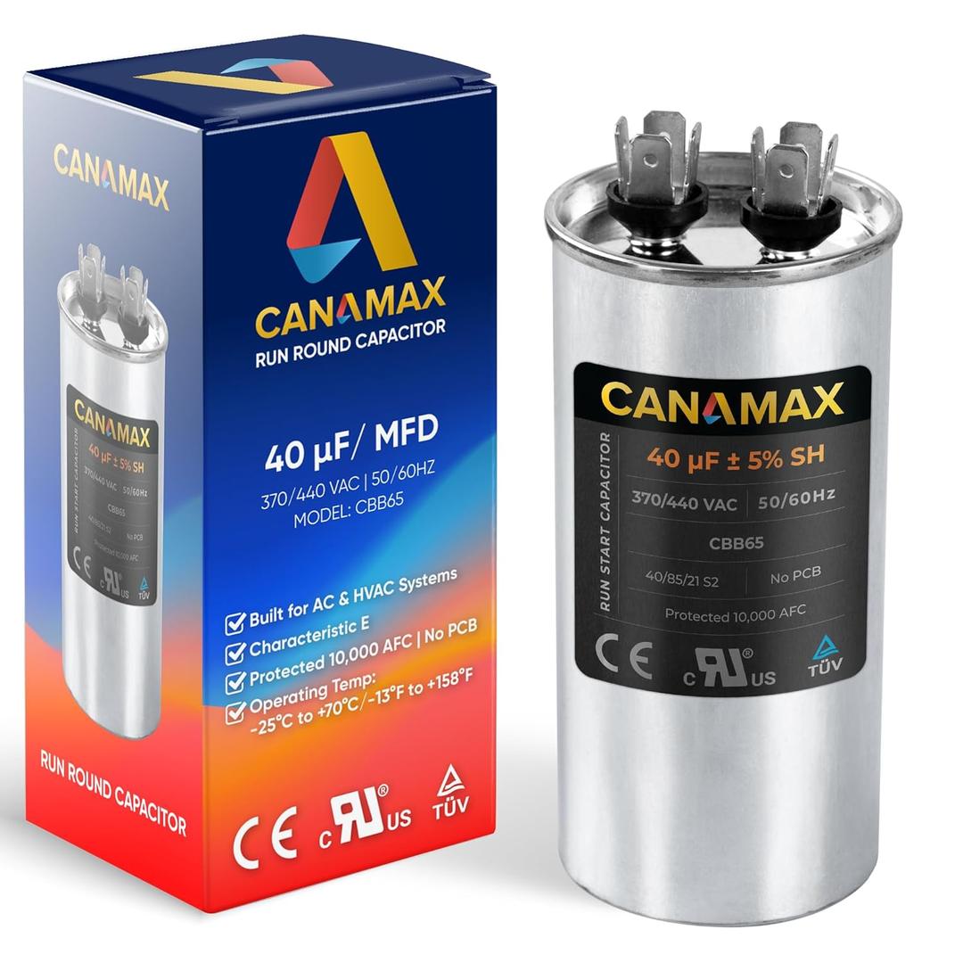 40 uF 40 MFD 40uf 40MFD 370-440V (3~80 uF Options) AC CBB65 Round Run Start Capacitor by Canamax - Compatible with AC Motor Run or Fan Start and Cool or Heat Pump Air Conditioner 10000AFC