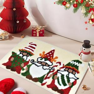 Quimoy Christmas Bathroom Rugs, Non Slip Washable Gnome Bath Mat, Cute Gnome Beige Bath Rug for Christmas Winter Bathroom Decor