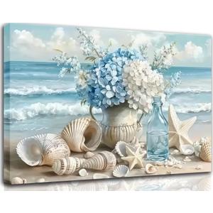 Blue Ocean Beach Wall Art Coastal Bathroom Poster Print Sea Vase Canvas Wall Decor Seaside Seashell Painting Picture for Bathroom Bedroom Living Room Kitchen Office Framed
