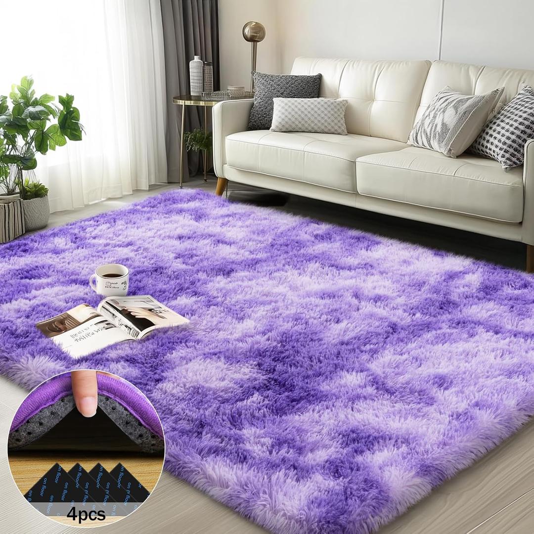 3x5 Rugs for Bedroom, Fluffy Area Rugs for Living Room, Soft Shag Kids Rug Small Carpet with 4 Non-Slip Rug Pads (Purple TieDyed, 3ft x 5ft)