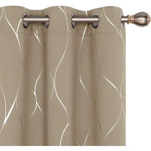 Deconovo Blackout Curtains - Silver Wave Line Print, Thermal Insulated, Noise Reducing, Privacy Drapes for Bedroom & Living Room (42W x 108L Inch, Khaki, 2 Panels)