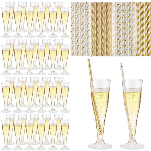 Remerry 100 Pcs Plastic Champagne Flutes 4.5 oz Clear Disposable Champagne Toasting Glass 100 Paper Straws, Mimosa Cocktail Cup for Galentines, New Year, Wedding, Birthday Party Supplies(Gold)