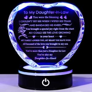 YWHL Daughter in Law Birthday Gifts with Colorful LED Base Crystal Heart to My Daughter in Law Gift Idea on Wedding Day Anniversary Bonus Daughter Presents