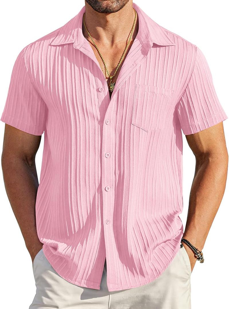 COOFANDY Men's Casual Button Down Shirts Short Sleeve Textured Summer Beach Shirt with Pocket (Pink, XXXL)