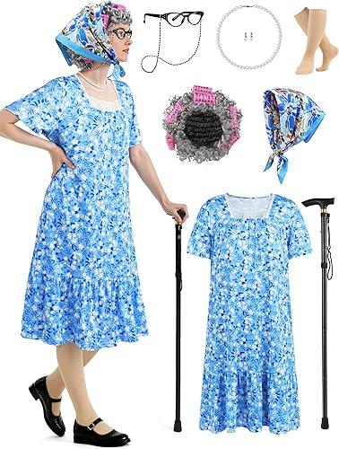 SOMSOC 7 Pieces Women Old Lady Costume with Dress Wig Headscarf Glasses Stockings Cane for Halloween, 100 Days of School
