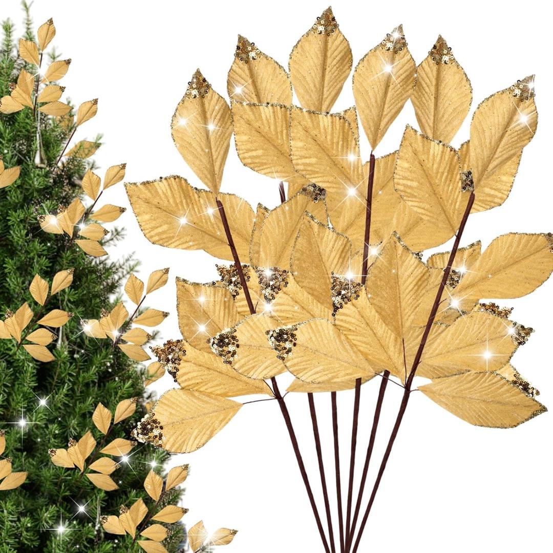 6 Pcs Christmas Artificial Velvet Glitter Magnolia Leaf Glittered Spray Picks 20" Fake Floral Leaf Branches Xmas Decoration for Christmas Tree DIY Crafts Gift Home Garden Decor(Gold)