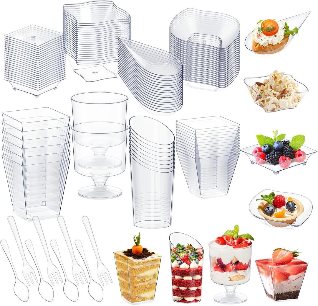 Tessco for you 160 Pcs Mini Appetizer Plates Dessert Cups Spoons Forks Set Dessert Containers Assorted Shape Plastic Parfait Cups Disposable Spoon Forks for Party Serving (Clear)