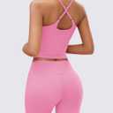 Aoysky Womens 2 Piece Workout Sets Cross Back Padded Halter Tank Tops High Waisted Biker Yoga Shorts Gym Outfits (Pink, XL)