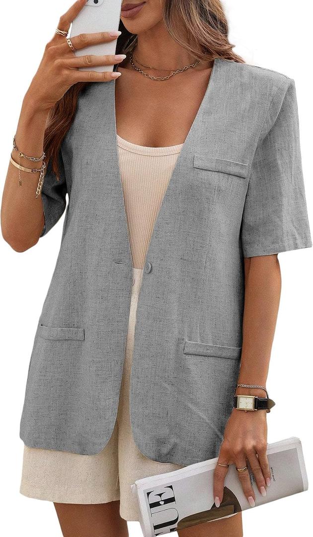 Mina Self Women's Short Sleeve Blazer - Linen Blend Lightweight Jacket (Gray, S)