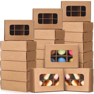 50 Pcs Kraft Treat Boxes with Window and Dividers, Empty Candy Truffle Baking Boxes, Square Cupcake Cookies Containers for Wedding Gift Giving (5 x 3.54 x 1.57 Inches,Brown)