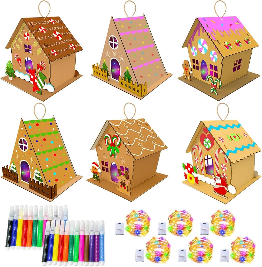6 Set Christmas Gingerbread Craft KitDIY Wooden Nativity Scene Castle House Kit to Build and Paint,Christian Wood Crafts Art Project Bulk Painting Kits for Winter Christmas Supplies Decoration