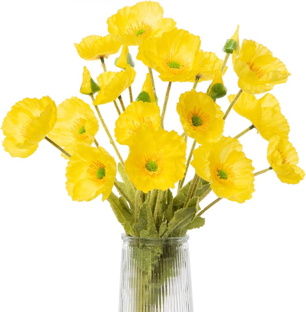 Artificial Poppies, Yellow Silk Poppies Artificial Flowers - 15x Blooming California Poppy Flower Artificial Plus 5X Buds for Home Decoration, YLYL5