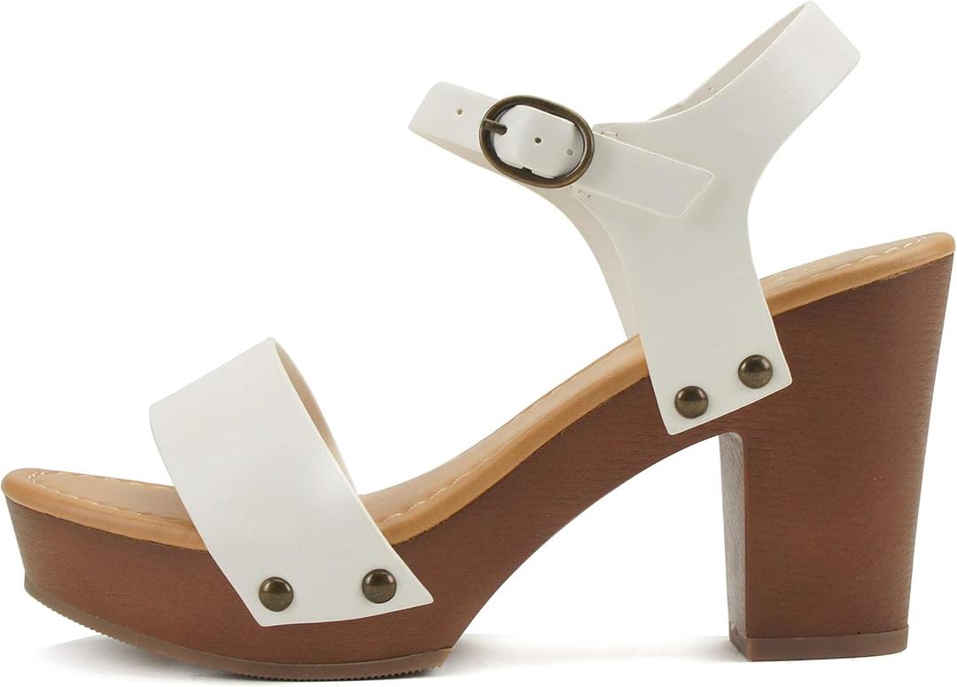 Soda CHIVAS ~ Women's Bold Buckles Studded Wedge Sandal (7.5, White Pu)