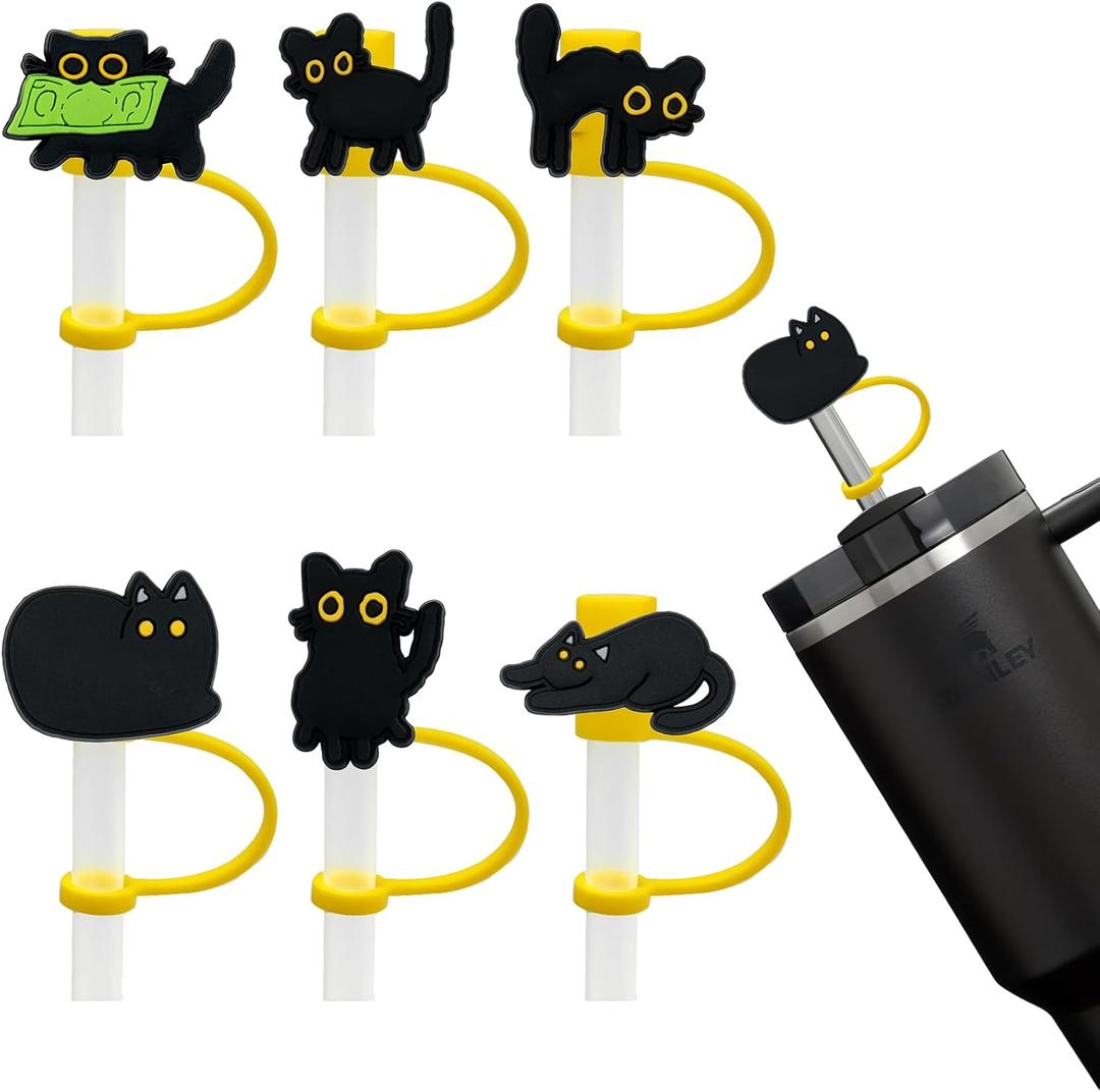 Cat Straw Cover Cap for Halloween Stanley Cup - 5PCs Cute Black Cat Straw Toppers for 30 40 Oz Tumbler with Handle Silicone Straw Tips Accessories for 10mm Straws