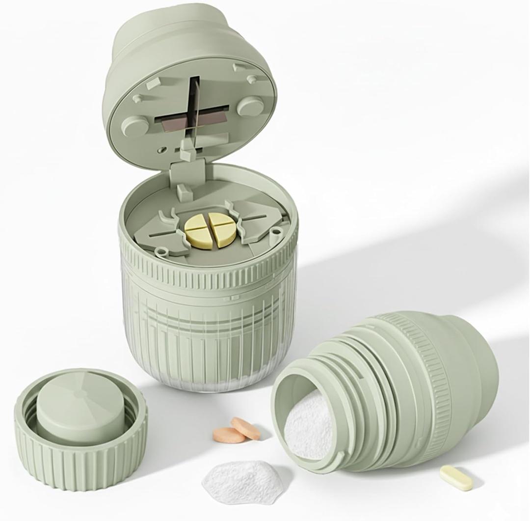 3-in-1 Pill Crusher Fine Powder - 1/4 1/2 Pill Cutter Splitter for Small and Tiny, Grinder for Elderly with Storage and Measuring Cup (Light Green)