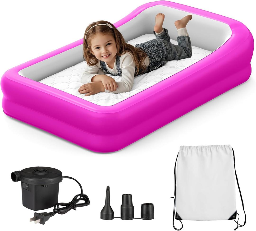 GloTika Inflatable Toddler Travel Bed, Portable Kids Air Mattress with Soft Bed Sheet, Toddler Air Mattress with Surround Safety Bumpers, Ideal for Home Use or Travel, Includes Pump and Carry Bag,Pink