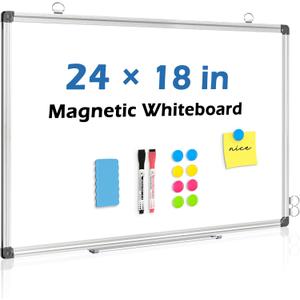 DOLLAR BOSS Whiteboard Dry Erase Board, Magnetic Whiteboard for Wall 24 x 18 Inch Aluminum Frame for School Office Home with 8 Magnets 2 Markers 1 Eraser 1 Detachable Pen Tray