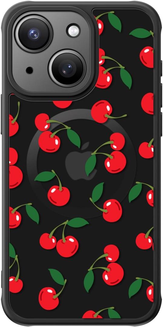 FUNMIKO for iPhone 14 Plus Case Military-Grade Protection & Wireless Charging - Trendy Pattern Design for Women Girls, Non-Slip Matte Phone Cover with Shockproof Corners - Juicy Cherries