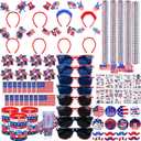 205PCS 4th of July Accessories Set Patriotic Party Favors Tattoo Stickers Glasses Headbands Bracelets Necklaces Glitter USA Flag for Independence Day Memorial Day 250th Decorations, Red White and Blue