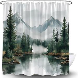 Green Misty Forest Shower Curtain Mountain Foggy Pine Trees Landscape Watercolor Jungle Plant Rustic Nature Scenery Lake Fabric Bathroom Curtain Set with Hook (70"W x 70"L (Pack of 1))