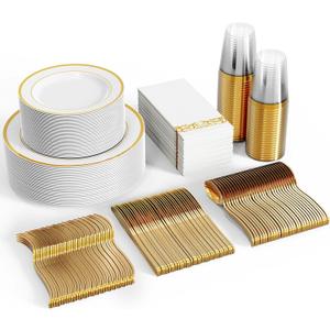 FOCUSLINE 350 Ct Disposable Dinnerware Set for 50 Guests -Heavy Duty Plastic Plates with Gold Rim, Includes 50 Dinner & Salad Plates, Cups, Napkins, Cutlery Set