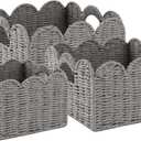OIAHOMY Scalloped Wicker Baskets, Hand-woven Storage Baskets with Built-in Handles, Paper Rope Shelf Baskets for Organizing and Decoration, Set of 3-Grey
