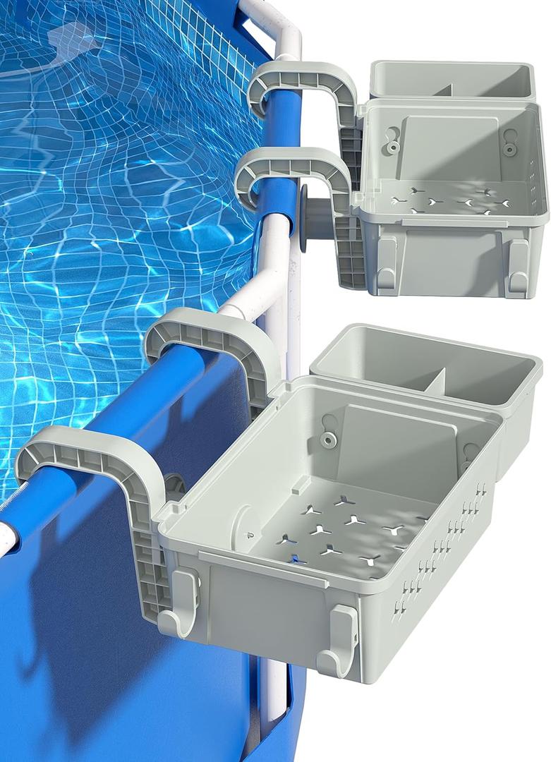 2 Sets Upgrade Poolside Storage Basket, Above Ground Pool Storage Basket with Pool Cup Holder, For Steel Round or Oval Frame Above Ground Pools, Fits 3 Inch or Less Top Rail