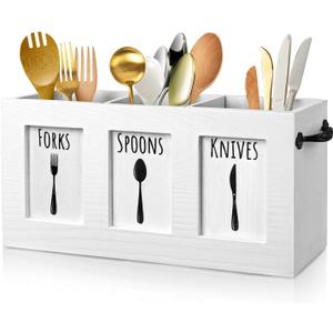 MINCORD Kitchen Utensil Holder for Counter | Rustic Wood Flatware & Silverware Organizer for Forks, Spoons, Knives | Farmhouse Cutlery Utensil Caddy Bin - White