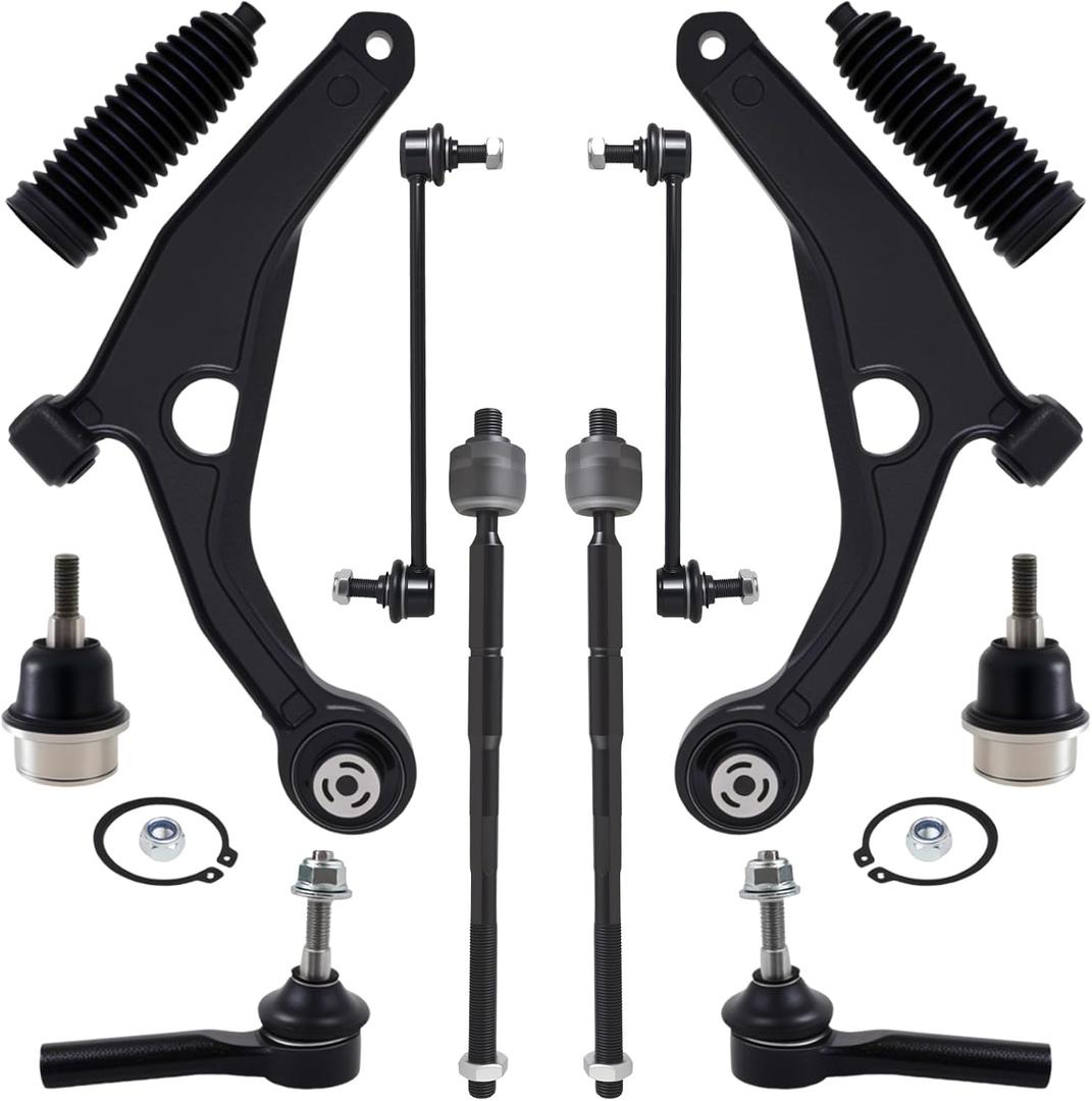 AUQDD 12Pc Front End Suspension Kit Fit For 2009-2020 Do-dge Journey, 2 Lower Control Arm 2 Ball Joint 2 Sway Bar Link 4 Outer Inner Tie Rod End 2 Boots (# K641333 K750382 EV800611 ES800408 K500120)