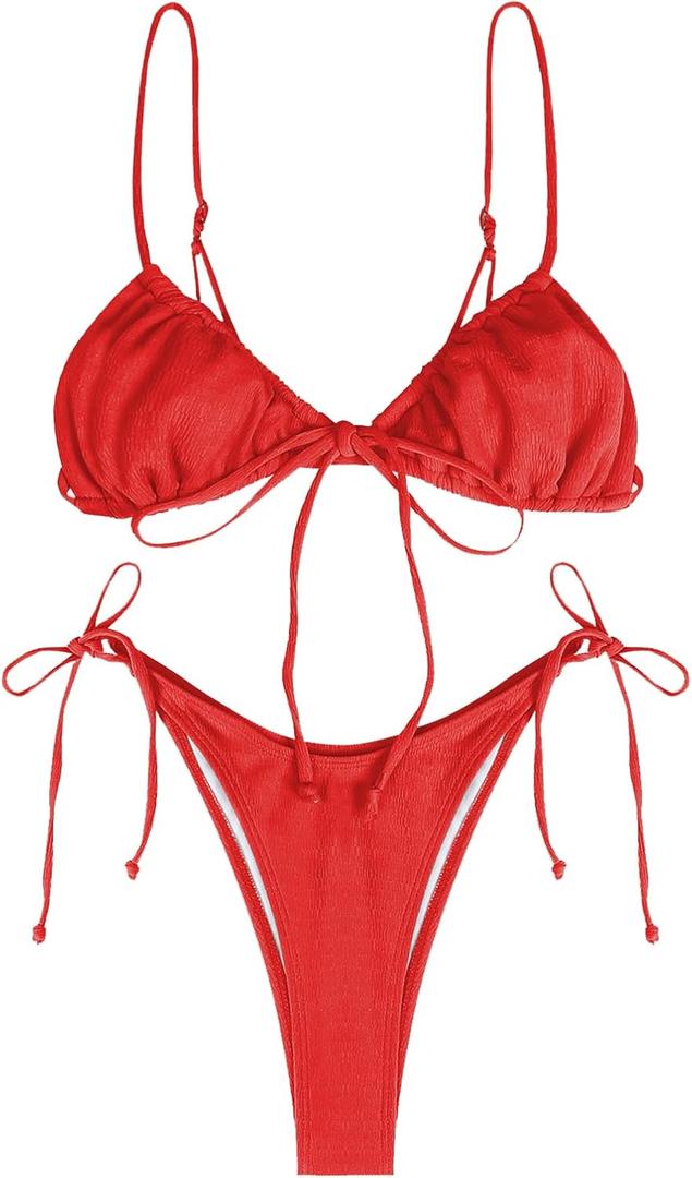 ZAFUL Womens High Cut Thong Bikini Set Swimsuits Cami String Sexy Bathing Suit (Small, 82-red-3)