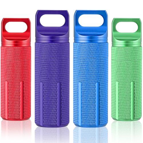 Patelai 4 Pcs Portable Keychain Pill Holder Pill Organizer Travel Waterproof Match Container Aluminum Airtight Keychain Container Travel Size Storage Supplements Holder for Outdoor Camping(Vibrant)