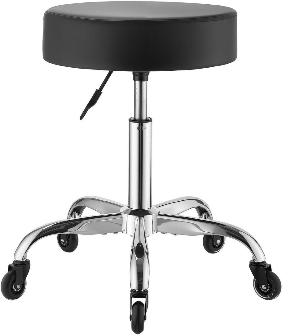 VEVOR Rolling Stool with Wheels, 500 lbs Weight Capacity, Height Adjustable, Quiet Casters, Thick Cushion Ergonomic PU Leather Seat, 360° Swivel Round Rolling Stool Chair for Salon, Clinic, Black, 22"D x 22"W x 28"H