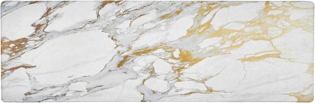 Home Dynamix Cozy Living Modern Marble Runner Anti-Fatigue Kitchen Mat, Non-Slip Floor Mat, Padded Standing Desk Mat, Gold/White, 17.5"x55"