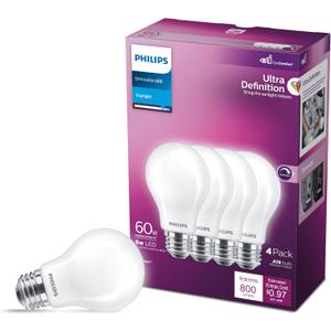 Philips LED 60W A19 4-Pack Ultra Definition Daylight (5000K) 800 Lumen (8W = 60W) Dimmable Frosted Flicker-Free Light Bulbs