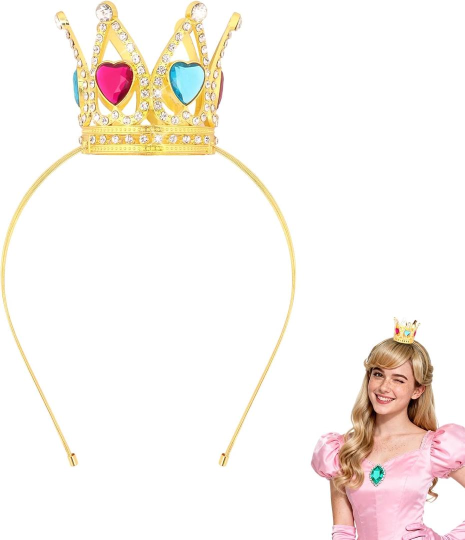 Semato Queen Hearts Peach Crown Headband for Halloween Cosplay Girls Tiara Princess Costume Crystal Crown for Party Gifts (Pink and Blue)