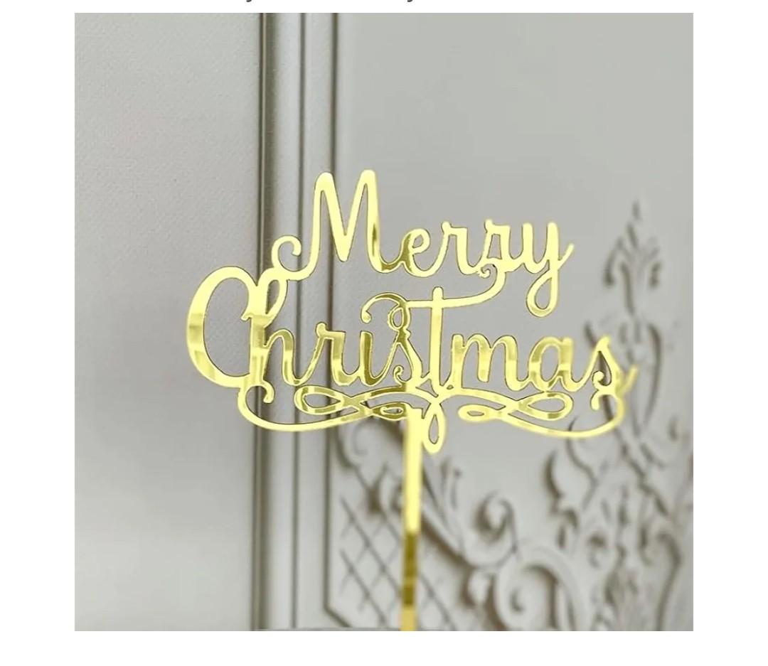 Christmas Cake Topper,Merry Christmas Cupcake Toppers,Acrylic Gold Xmas Holiday Cake Decorations for Festive Theme Baby Shower Party Cake Decor