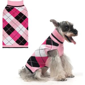 KOOLTAIL Valentine Dog Sweater Pet Knitted Clothes - Classic Pink Plaid Pull Over Turtleneck Dog Sweaters with Leash Hole Warm Dogs Winter Clothing for Small Medium Dogs Cats Puppy, M
