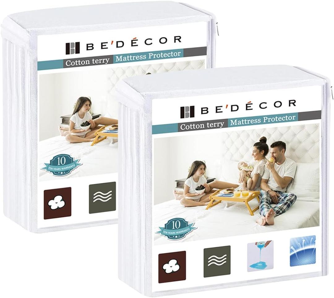 Bedecor 2 Packs Twin Mattress Protector Waterproof Protection Soft Cotton Terry Top Cover,for Babies Pregnant Women Incontinent Persons Deep Pocket to 18"