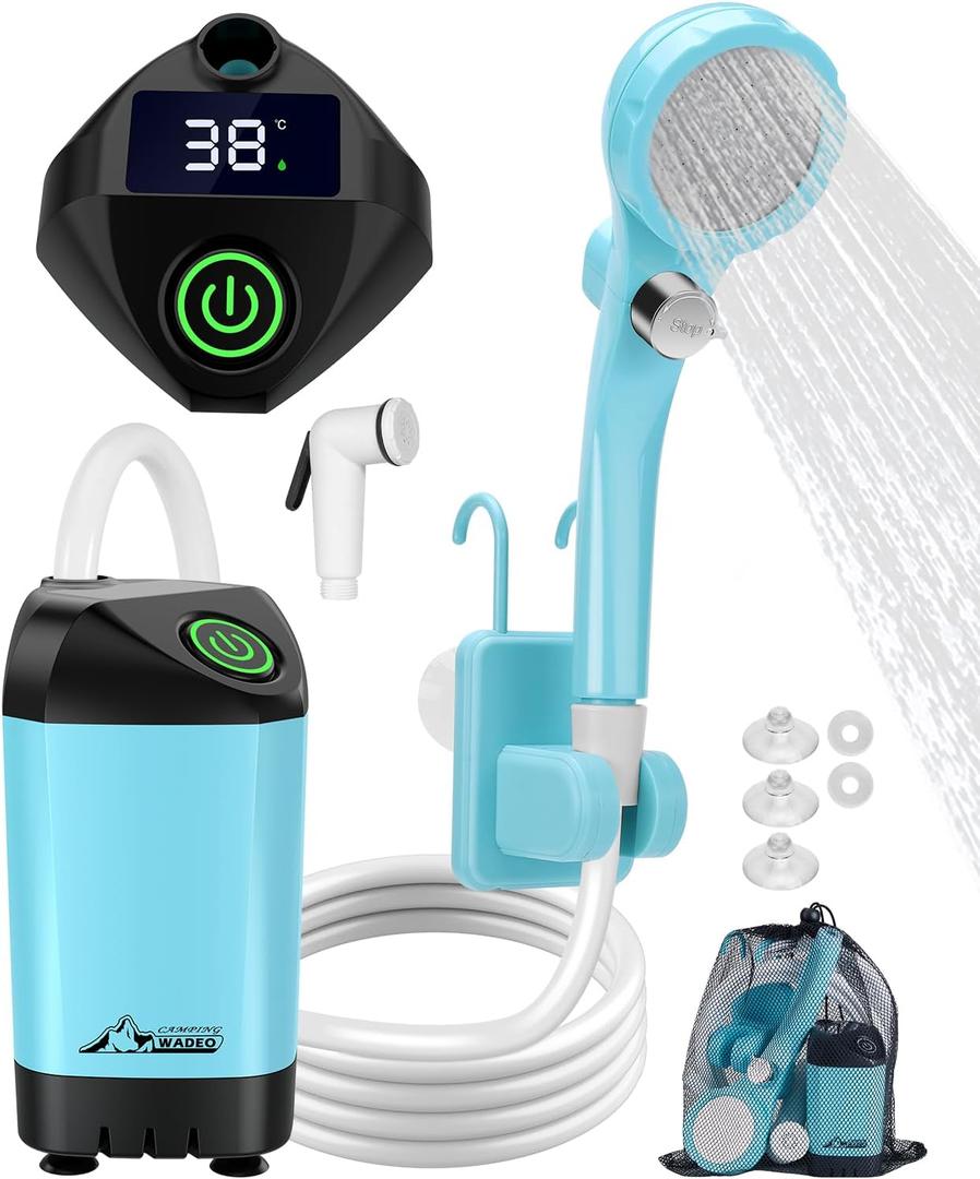 WADEO Portable Shower for Camping, Outdoor Electric Shower Rechargeable Pump with Intelligent Digital Display, Camping Shower Head Nozzle for Camping, Hiking, Traveling, Washing