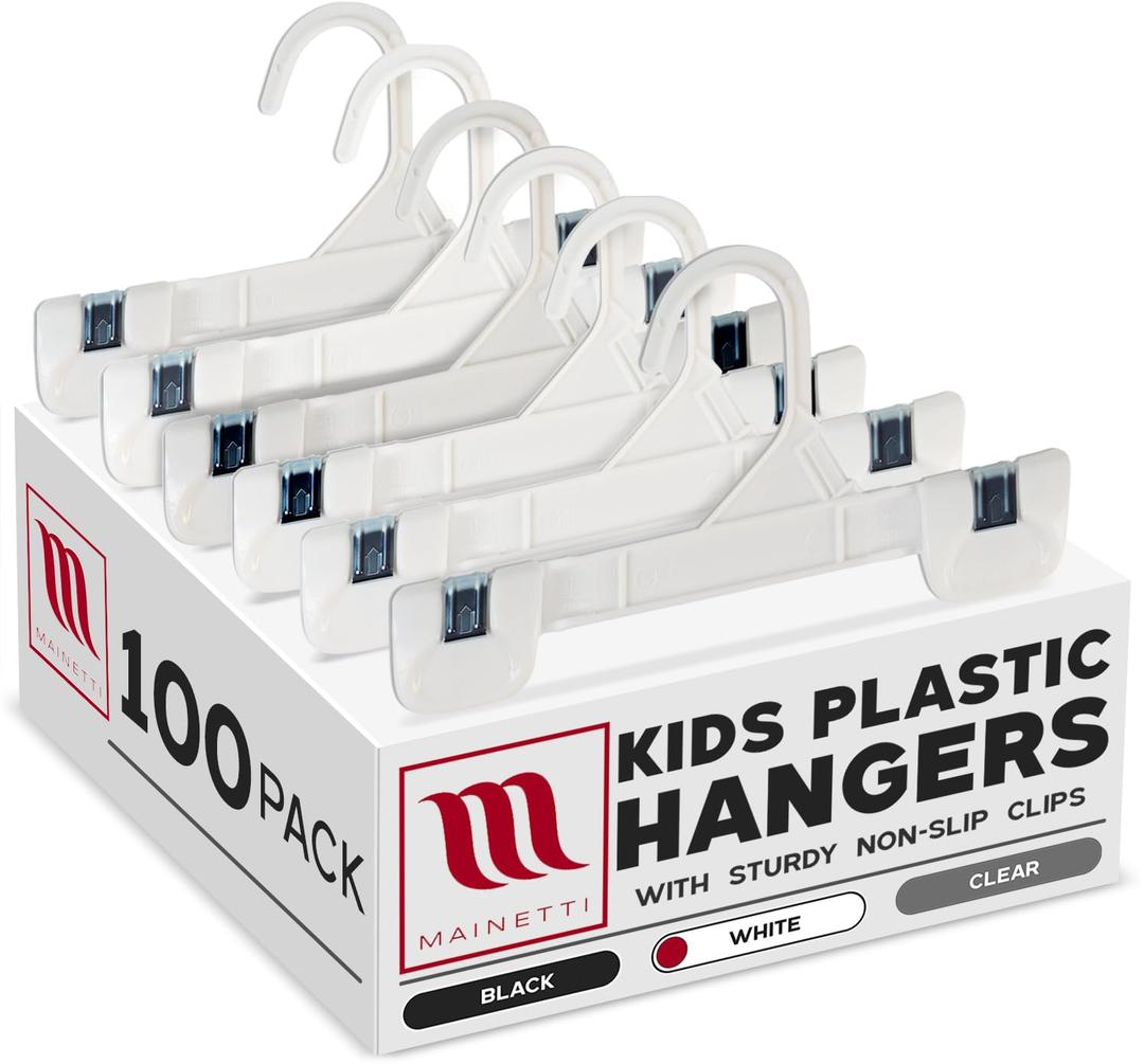 Mainetti Kids White Plastic Hangers 100 Pack | 8-Inch Pants Hangers with Clips Made from Sturdy Plastic | Great for Pants, Skirts, Slacks, Bottoms