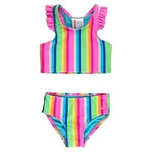 RuffleButts Girls UPF50+ Sun Protected Racerback Flutter Tankini 2-Piece Swimsuit - Neon Rainbow Stripe, 5