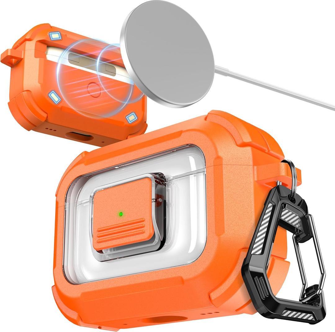RFUNGUANGO for AirPods Pro 3 Case, Compatible with AirPods Pro 3 Generation Case (2025), Compatible with MagSafe, Magnetic Automatic Lock with Cleaner Kit and Keychain, Front LED Visible, Orange