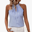 SweatyRocks Women's Tie Neck Button Front Sleeveless Striped Halter Blouse Shirts Top, Size -XL