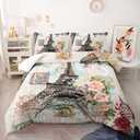 Romantic Eiffel Tower Comforter Set Queen Size for Adults 3Pcs,Retro Style Eiffel and Flowers Bedding Set Soft Comfoter for All Season