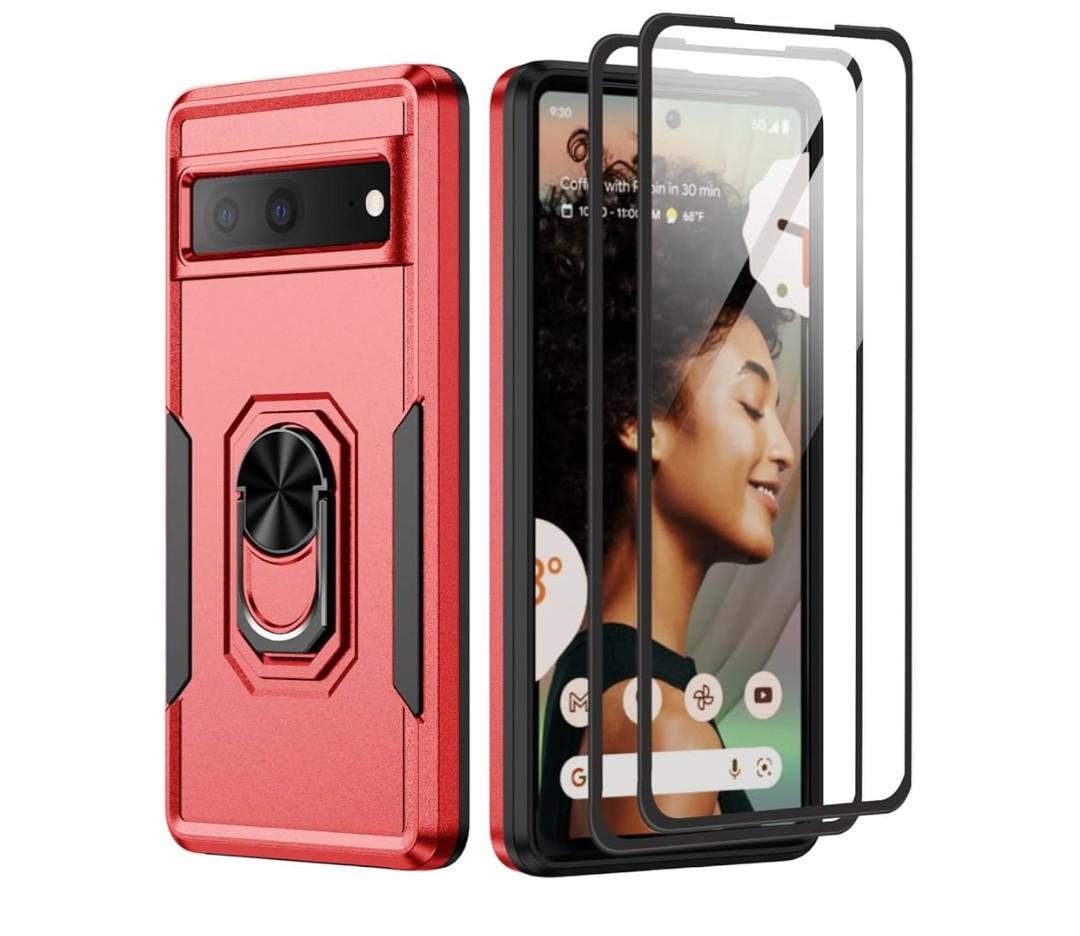 for Google Pixel 6A 5G Case with Screen Protector, Military Grade Dual Layer Heavy Duty Shockproof Full Body Protective Phone Cover, Built in Rotatable Magnetic Ring Holder for 6A (Red)